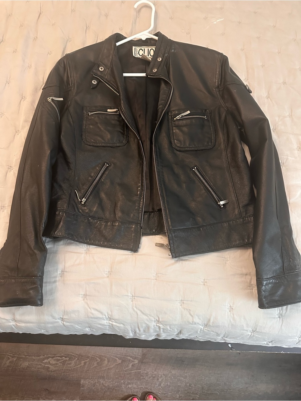 Clio Black Leather Biker Jacket with Zip Pockets